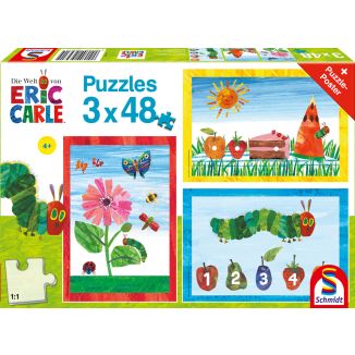 Vorderseite der Verpackung vom Artikel 56431, Die kleine Raupe Nimmersatt: Die Welt der kleinen Raupe Nimmersatt, 3x48 Teile Kinderpuzzle