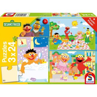 Vorderseite der Verpackung vom Artikel 56457, Sesamstrasse®: Sachen machen, 3x24-teiliges Kinderpuzzle