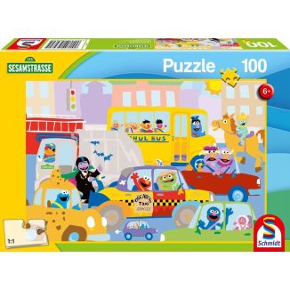 Vorderseite der Verpackung vom Artikel 56460, Sesamstrasse®: Im Straßenverkehr, 100 Teile Kinderpuzzle