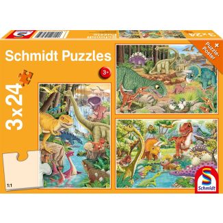 Vorderseite der Verpackung vom Artikel 56465, Spaß mit Dinosauriern, 3x 24 Teile Kinderpuzzle