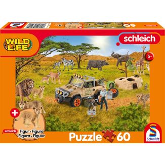 Vorderseite der Verpackung vom Artikel 56466, Schleich ®: Wild Life - In der Sarvanne, 60 Teile Kinderpuzzle mit Add-on (eine Original Baby Löwenjunge Figur) 