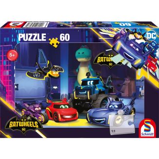 Vorderseite der Verpackung vom Artikel 56487, DC Batwheels: Bam, Batwing, Bibi, Buff und Redbird in der Bathöhle, 60 Teile Kinderpuzzle