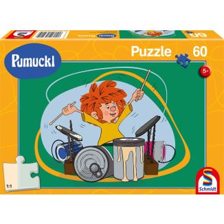 Vorderseite der Verpackung vom Artikel 56491, Pumuckl: Pumuckl spielt Schlagzeug, 60 Teile Kinderpuzzle