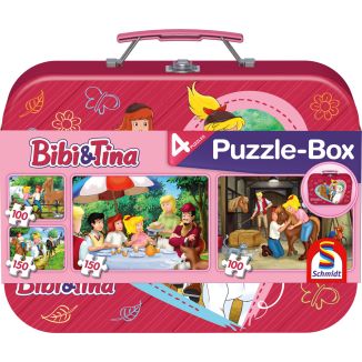 Vorderseite der Verpackung vom Artikel 56509, Bibi & Tina: Puzzle-Box im Metallkoffer mit 4 Kinderpuzzles (2 x 100 und 2 x 150 Teile)