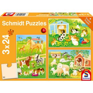 Vorderseite der Verpackung vom Artikel 56518, Niedliche Haustiere, 3 x 24 Teile Kinderpuzzle