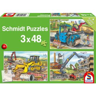 Vorderseite der Verpackung vom Artikel 56520, Meine liebsten Baustellenfahrzeuge, 3 x 48 Teile Kinderpuzzle