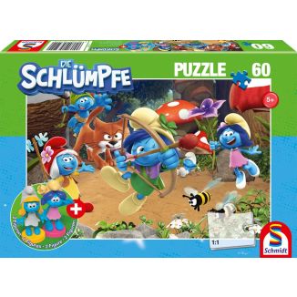 Vorderseite der Verpackung vom Artikel 56522, Die Schlümpfe: Azrael in Schlumpfhausen, 60 Teile Kinderpuzzle mit Add-on
