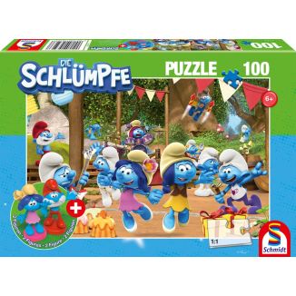 Vorderseite der Verpackung vom Artikel 56523, Die Schlümpfe: Verschlumpfte Party, 100 Teile Kinderpuzzle mit Add-on