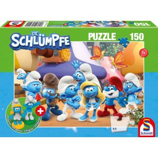 Vorderseite der Verpackung vom Artikel 56524, Die Schlümpfe: Schlumpfige Freunde, 150 Teile Kinderpuzzle mit Add-on