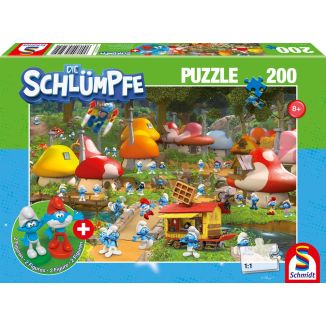 Vorderseite der Verpackung vom Artikel 56525, Die Schlümpfe: In Schlumpfhausen, 200 Teile Kinderpuzzle mit Add-on