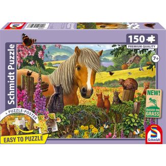 Vorderseite der Verpackung vom Artikel 56526, Süßer Besuch auf der Pferdekoppel, 150 Teile, Eco-Friendly, Gras Kinderpuzzle