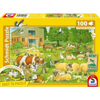 Vorderseite der Verpackung vom Artikel 56528, Tierfamilien auf dem Bauernhof, 100 Teile, Eco-Friendly, Gras Kinderpuzzle