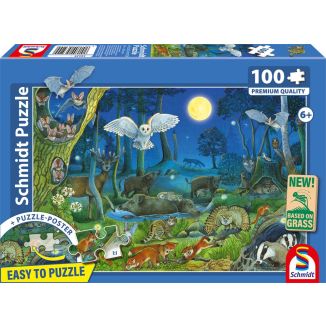 Vorderseite der Verpackung vom Artikel 56529, Tiere nachts im Wald, 100 Teile, Eco-Friendly, Gras Kinderpuzzle