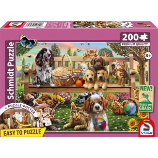 Vorderseite der Verpackung vom Artikel 56534, Gartenpicknick für Hund und Katze, 200 Teile, Eco-Friendly, Gras Kinderpuzzle