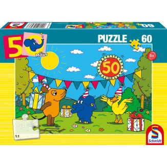 Vorderseite der Verpackung vom Artikel 56536, Die Maus: Alles Liebe zum Geburtstag, 50. Geburtstag Elefant, 60 Teile Kinderpuzzle
