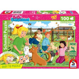 Vorderseite der Verpackung vom Artikel 56541, Bibi Blocksberg: Tierpension, 100 Teile, Eco-Friendly, Gras Kinderpuzzle
