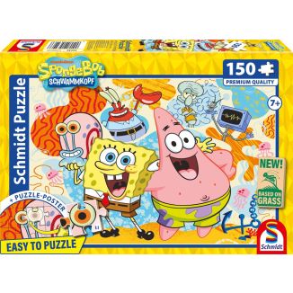 Vorderseite der Verpackung vom Artikel 56546, SpongeBob Schwammkopf: Spongebob und Freunde, 150 Teile, Eco-Friendly, Gras Kinderpuzzle