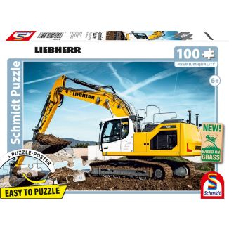 Vorderseite der Verpackung vom Artikel 56550, LIEBHERR:Raupenbagger R928, 100 Teile, Eco-Friendly, Gras Kinderpuzzle