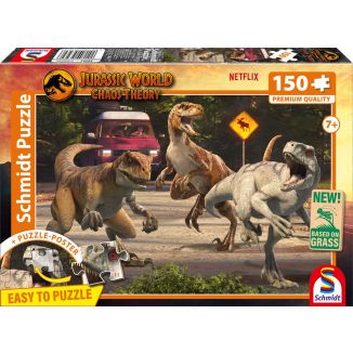 Vorderseite der Verpackung vom Artikel 56562, Jurassic World: Chaos Theory - Angriff der Velociraptoren, 150 Teile, Eco-Friendly, Gras Kinderpuzzle