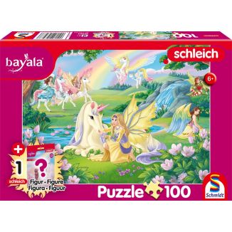 Vorderseite der Verpackung vom Artikel 56563, Schleich®: bayala - Magische Einhörner, 100 Teile Kinderpuzzle mit Add-on (inkl. eines von 6 bayala Pferden/Einhörnern)