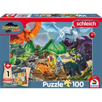 Vorderseite der Verpackung vom Artikel 56565, Schleich®: Eldrador Creatures - Kampf um den Superkristall, 100 Teile Kinderpuzzle mit Add-on (Inkl. eines von 16 Mini Creatures)