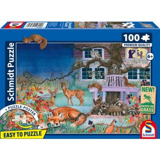 Vorderseite der Verpackung vom Artikel 56575, Nächtlicher Tierbesuch, 100 Teile, Eco-Friendly, Gras Kinderpuzzle