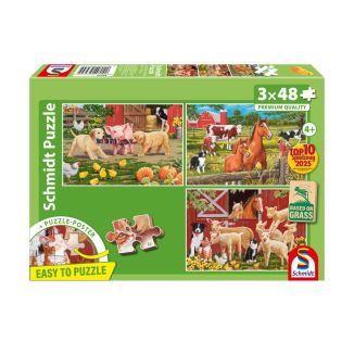 Tiere auf dem Bauernhof, 3 x 48 Teile, Grasfaser Kinderpuzzle