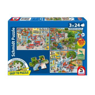 Feuerwehr, 3 x 24 Teile Kinderpuzzle, Grasfaser Kinderpuzzle