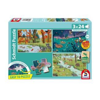 Wald- und Wiesentiere, 3 x 24 Teile, Grasfaser Kinderpuzzle