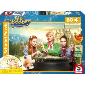 Vorderseite der Verpackung vom Artikel 56591, Bibi Blocksberg: Das große Hexentreffen, Junghexen am Kessel, 60 Teile, Eco-Friendly, Gras Kinderpuzzle