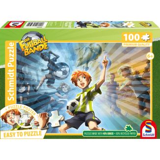 Vorderseite der Verpackung vom Artikel 56595, Die Fussballbande: Kampfgeist, 100 Teile Kinderpuzzle