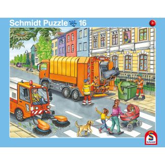 2 Kinder Rahmenpuzzle, 16 Teile Fahrt mit dem Müllauto, 24 Teile Achtung, Baustelle! 