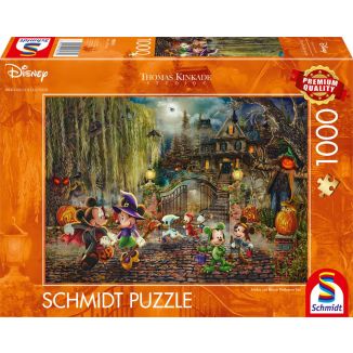 Vorderseite der Verpackung vom Artikel 58033, Thomas Kinkade Studios: Disney Dreams Collection - Mickey & Minnie Halloween Fun, 1.000 Teile Puzzle