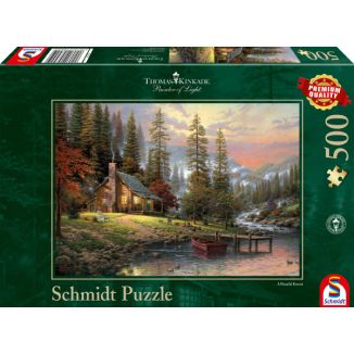 Vorderseite der Verpackung vom Artikel 58455, Thomas Kinkade Studios: Haus in den Bergen, 500 Teile Puzzle