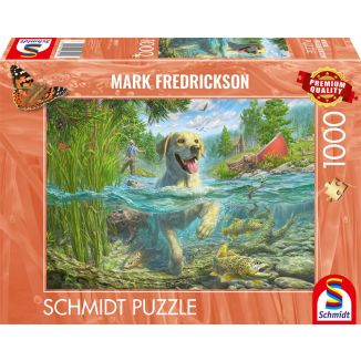 Vorderseite der Verpackung vom Artikel 58557, Mark Fredrickson: Hundeliebe – gelber Labrador auf Fischjagd, 1.000 Teile Puzzle