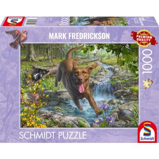 Vorderseite der Verpackung vom Artikel 58559, Mark Fredrickson: Hundeliebe – Frühlingsspaziergang mit Labrador Retriever, 1.000 Teile Puzzle