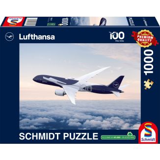 Vorderseite der Verpackung vom Artikel 58649, 100 Jahre Lufthansa - Boeing 787-9 ​ Sonderlackierung zum Jubiläum, 1.000 Teile Puzzle