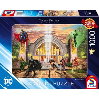 Vorderseite der Verpackung vom Artikel 58788, Thomas Kinkade Studios: DC Justice League  - Hall of Justice, 1.000 Teile Puzzle