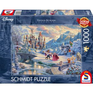 Vorderseite der Verpackung vom Artikel 59671, Thomas Kinkade Studios: Disney, Die Schöne und das Biest, Zauberhafter Winterabend, 1.000 Teile Puzzle