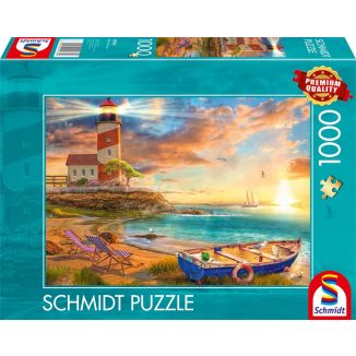 Vorderseite der Verpackung vom Artikel 59765, Sonnenuntergang in der Leuchtturm-Bucht, 1.000 Teile Puzzle