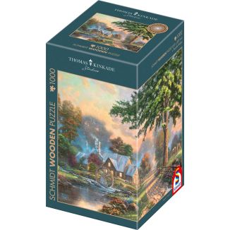 Verpackungsvorderseite aus einem anderen Blickwinkel vom Artikel 59797, Thomas Kinkade Studios: Am alten Mühlenbach, 1.000 Teile Holzpuzzle