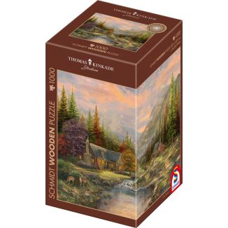 Verpackungsvorderseite aus einem anderen Blickwinkel vom Artikel 59799, Thomas Kinkade Studios: Bergkulisse mit Bach, 1.000 Teile Holzpuzzle
