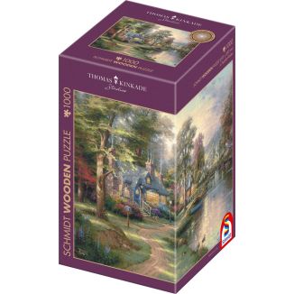 Verpackungsvorderseite aus einem anderen Blickwinkel vom Artikel 59800, Thomas Kinkade Studios: Dorf am See, 1.000 Teile Holzpuzzle