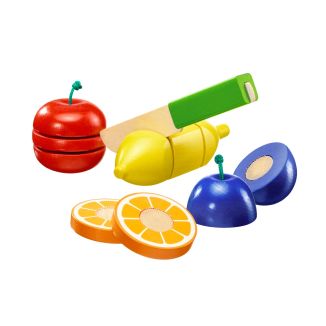 Spielmaterial vom Artikel 62070, Obstsalat, Klett und Schneidespielzeug aus Holz, Küchen-Spielzeugset, 11 Teile