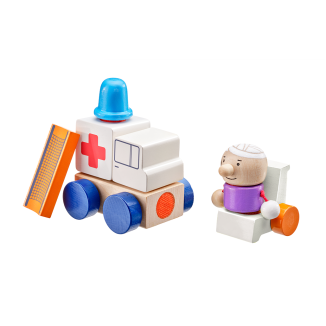 Spielmaterial vom Artikel 62081, Klettini® Krankenwagen, Klett-Stapelspielzeug aus Holz, 7 Teile