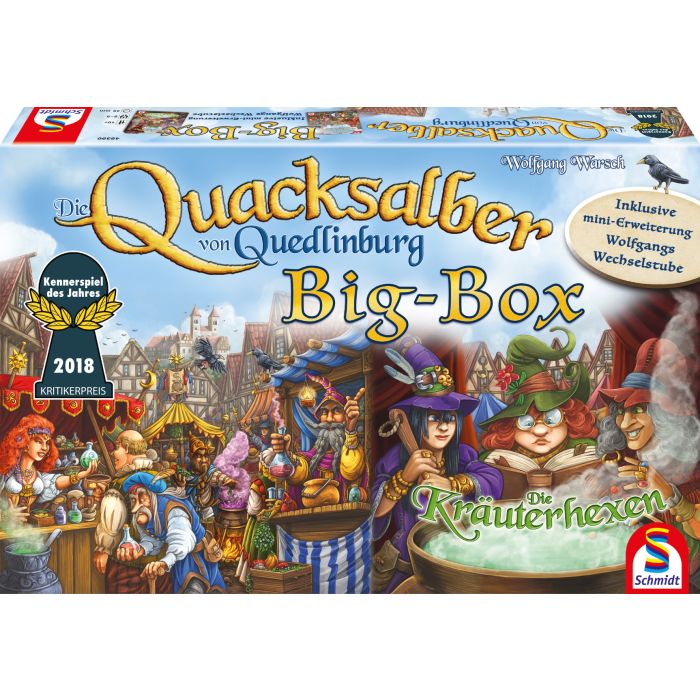 Vorderseite der Verpackung vom Artikel 49390, Big Box: Die Quacksalber von Quedlinburg (Grundspiel + 1 Erweiterungen + Mini-Erweiterung) , Familienspiel Vorderseite der Verpackung vom Artikel 49390, Big Box: Die Quacksalber von Quedlinburg (Grundspiel + 1 Erweiterungen + Mini-Erweiterung) , Familienspiel