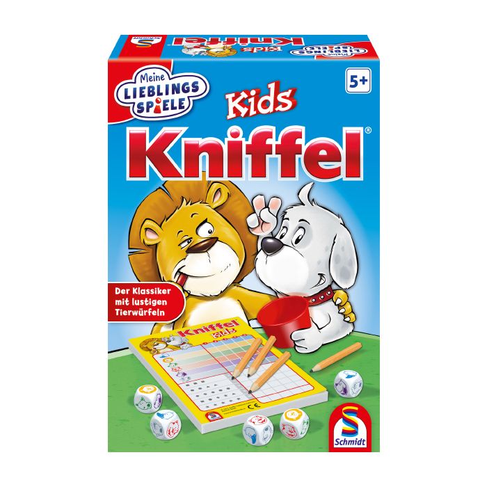 Verpackungsvorderseite aus einem anderen Blickwinkel vom Artikel 40535, Meine Lieblingsspiele: Kniffel® Kids, Kinderspiel