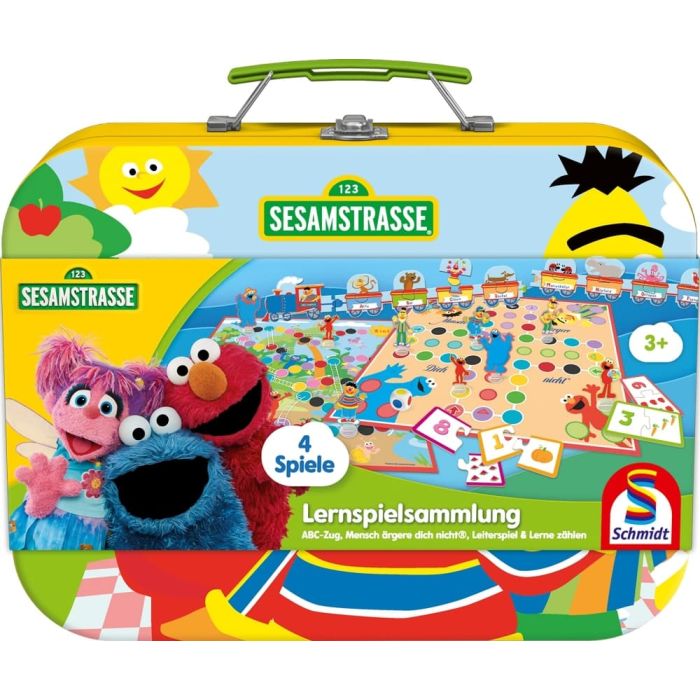 Vorderseite der Verpackung vom Artikel 40640, Sesamstrasse®: Lernspielsammlung (4 Spiele), Kinderspiel im Metallkoffer Vorderseite der Verpackung vom Artikel 40640, Sesamstrasse®: Lernspielsammlung (4 Spiele), Kinderspiel im Metallkoffer