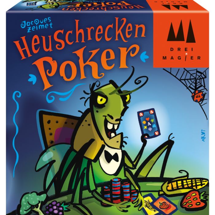Vorderseite der Verpackung vom Artikel 40893, Drei Magier®: Heuschrecken Poker, Kartenspiel Vorderseite der Verpackung vom Artikel 40893, Drei Magier®: Heuschrecken Poker, Kartenspiel