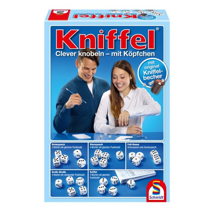 Verpackungsvorderseite aus einem anderen Blickwinkel vom Artikel 49030, Kniffel®: mit original Kniffelbecher Verpackungsvorderseite aus einem anderen Blickwinkel vom Artikel 49030, Kniffel®: mit original Kniffelbecher